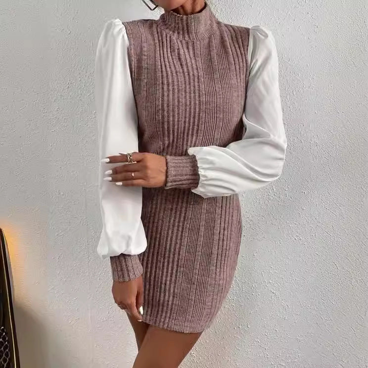 Ribbed Knit Mini Dress — Mock Neck Bodycon with Contrast Poplin Balloon Sleeves