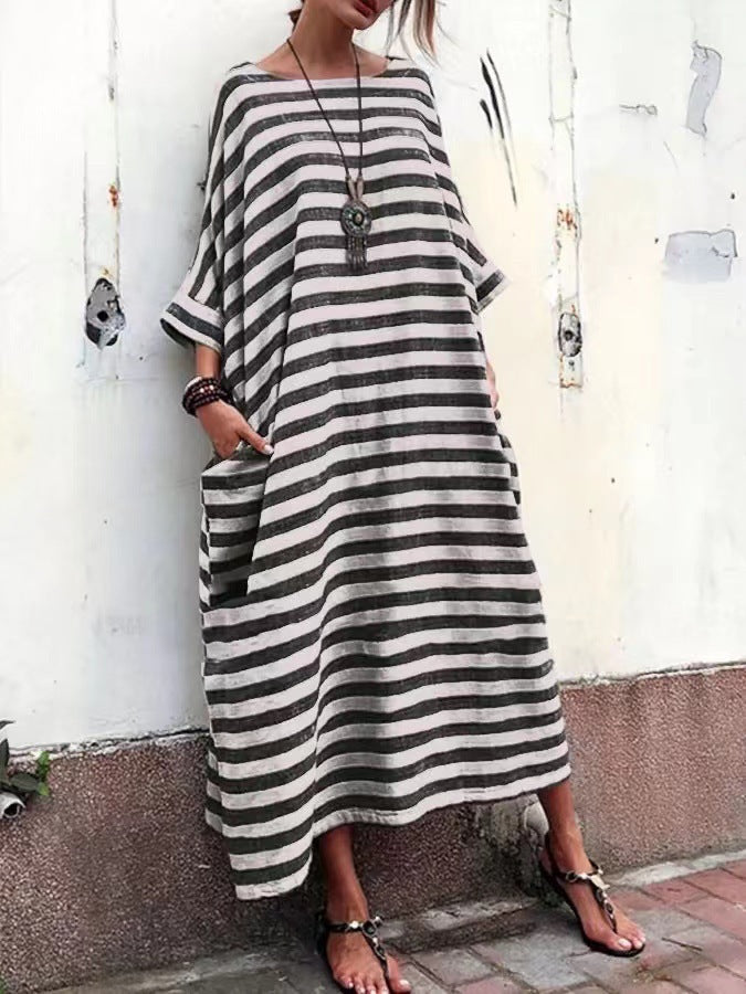 Striped Linen Maxi Dress with Batwing Sleeves — Oversized Relaxed Fit with Side Pockets