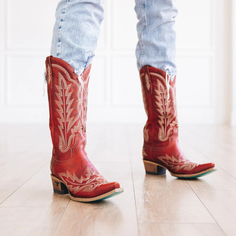 Women's red western cowboy boots with embroidered shaft and medium block heel