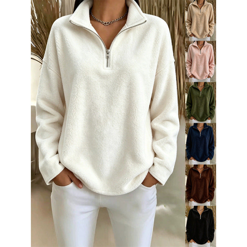 Women's fleece pullover with quarter-zip stand collar, white