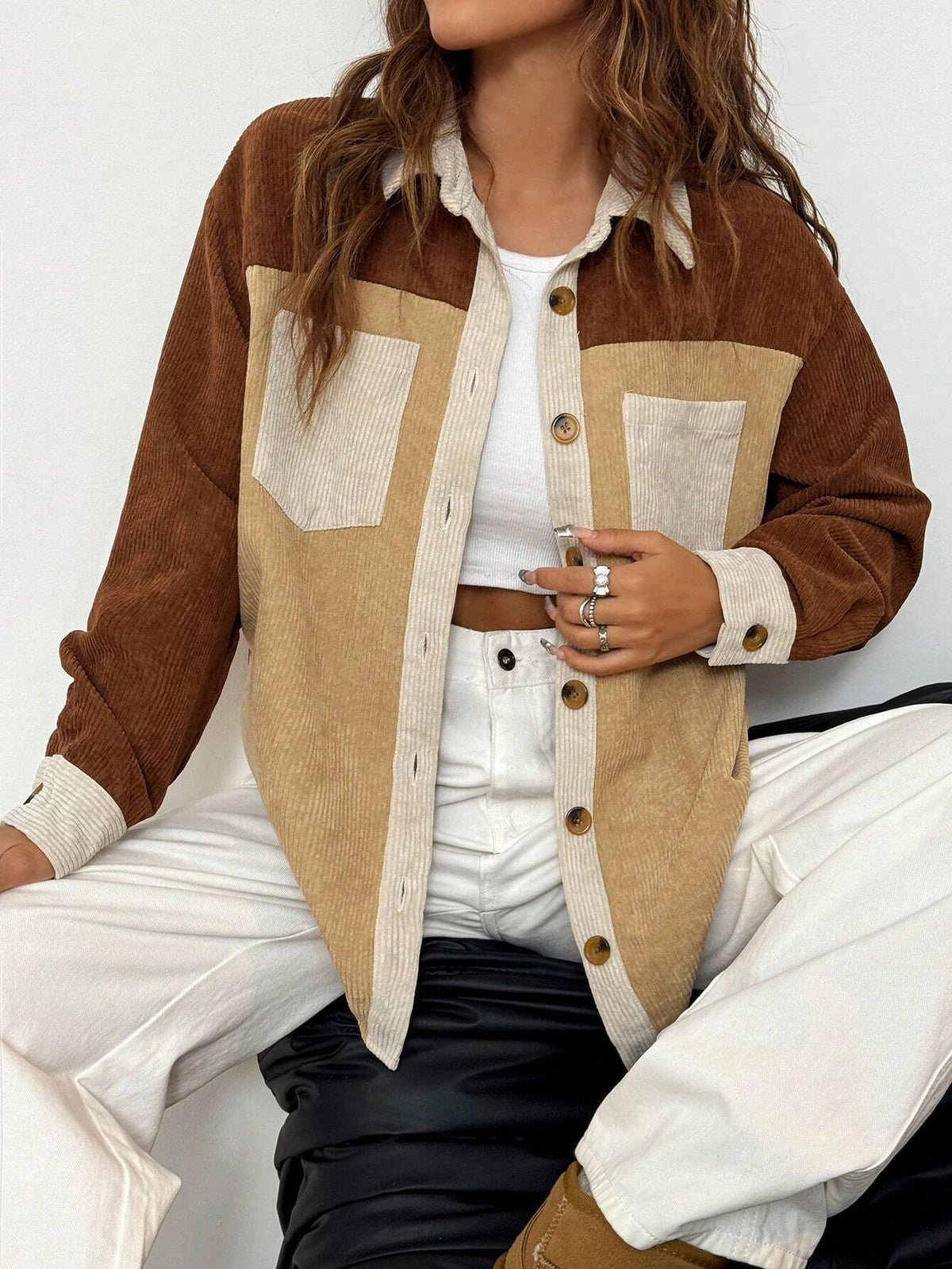 Women’s corduroy colorblock jacket, brown/tan, button-up with chest patch pockets