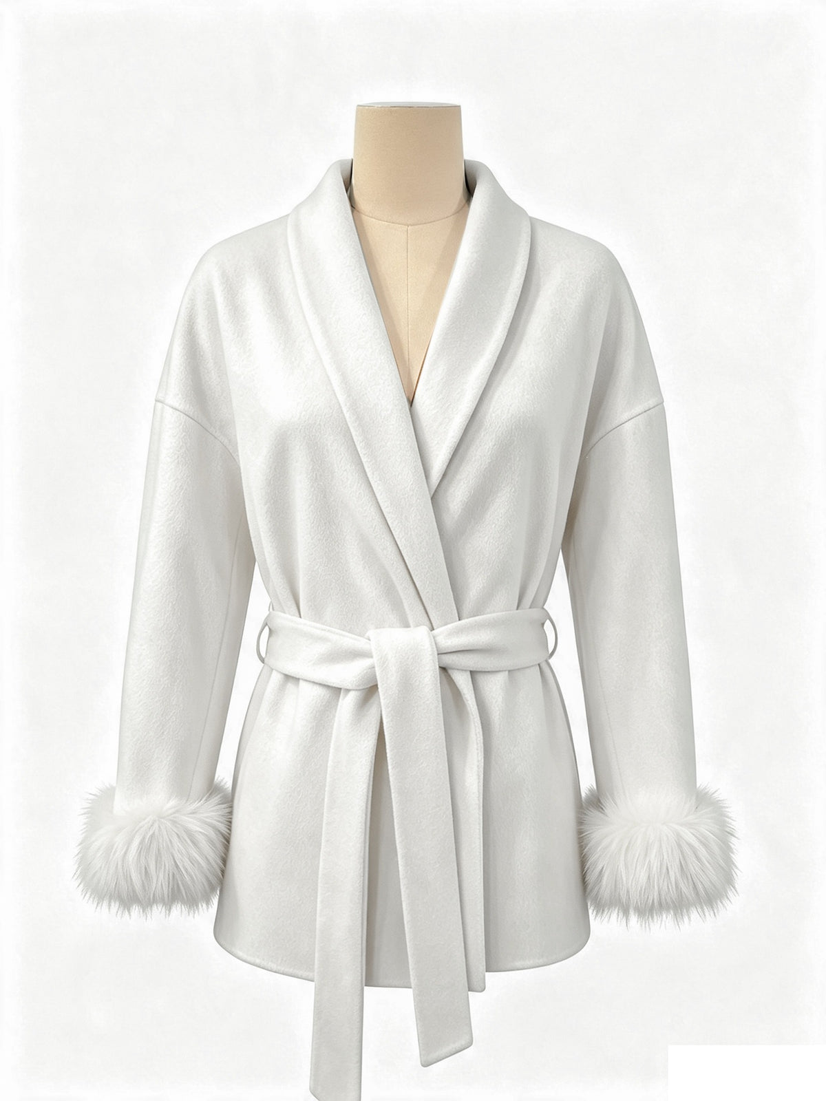 White wool wrap coat on mannequin with tie belt, turn-down collar, and faux fur cuffs.