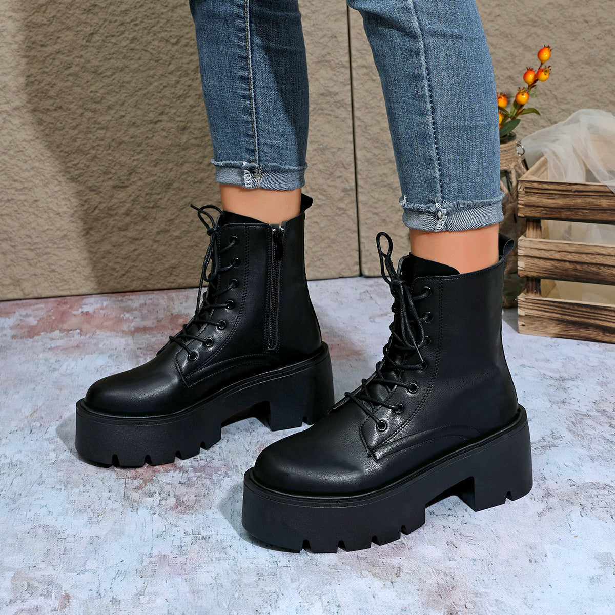 Combat Boots for Women — Chunky Lug Sole Platform Ankle Booties in Faux Leather