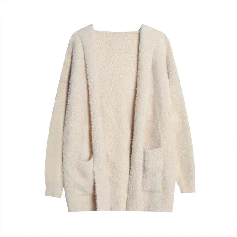 Oversized cream wool cardigan with shawl collar, open front, side pockets, chunky knit