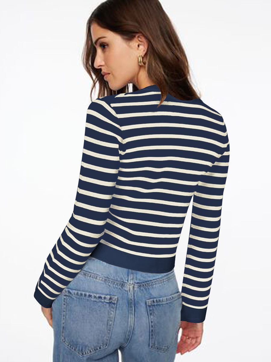 Striped Cardigan for Women — Cropped Gold Button Knit in Soft Merino Wool