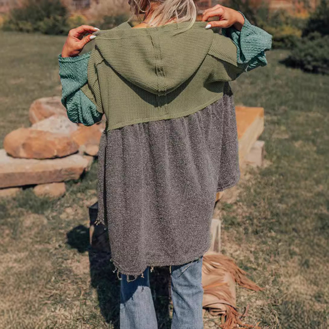 Women’s hooded long-sleeve tunic top, drawstring hood and color-block back view in olive/teal