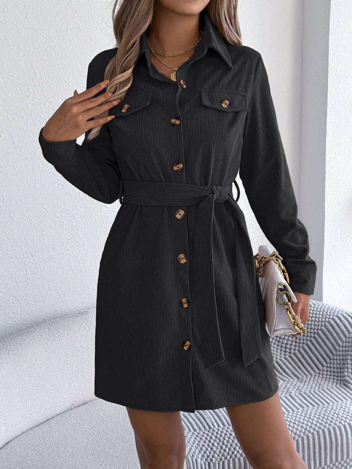 Belted Corduroy Mini Dress with Chest Pockets — Long Sleeve Collared Shirt Style