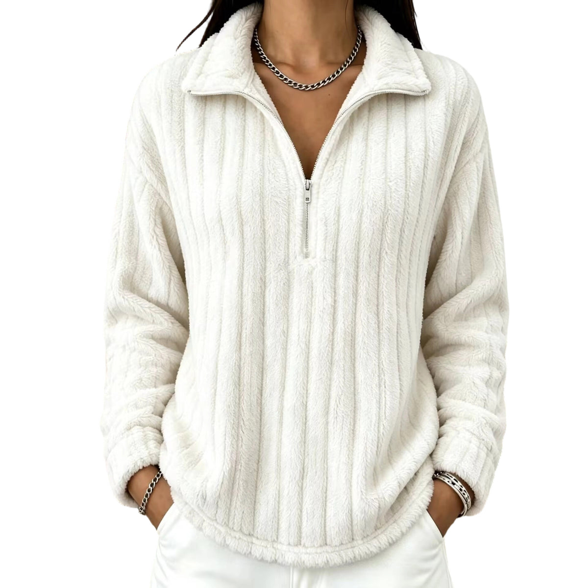Women’s plush ribbed quarter-zip pullover sweatshirt, long sleeves, white.