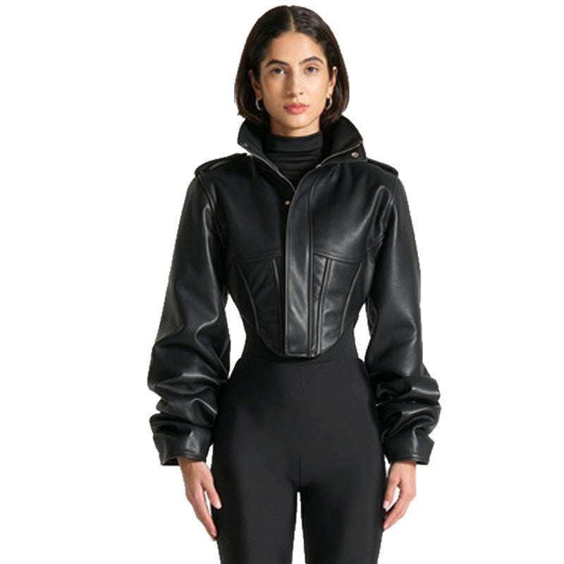 Women's black leather jacket with stand collar and centered front zipper