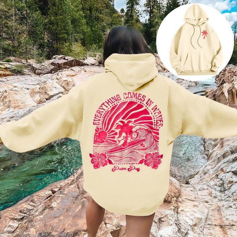 Surf Graphic Hoodie for Women — Oversized Back Print Pullover in Cotton Fleece