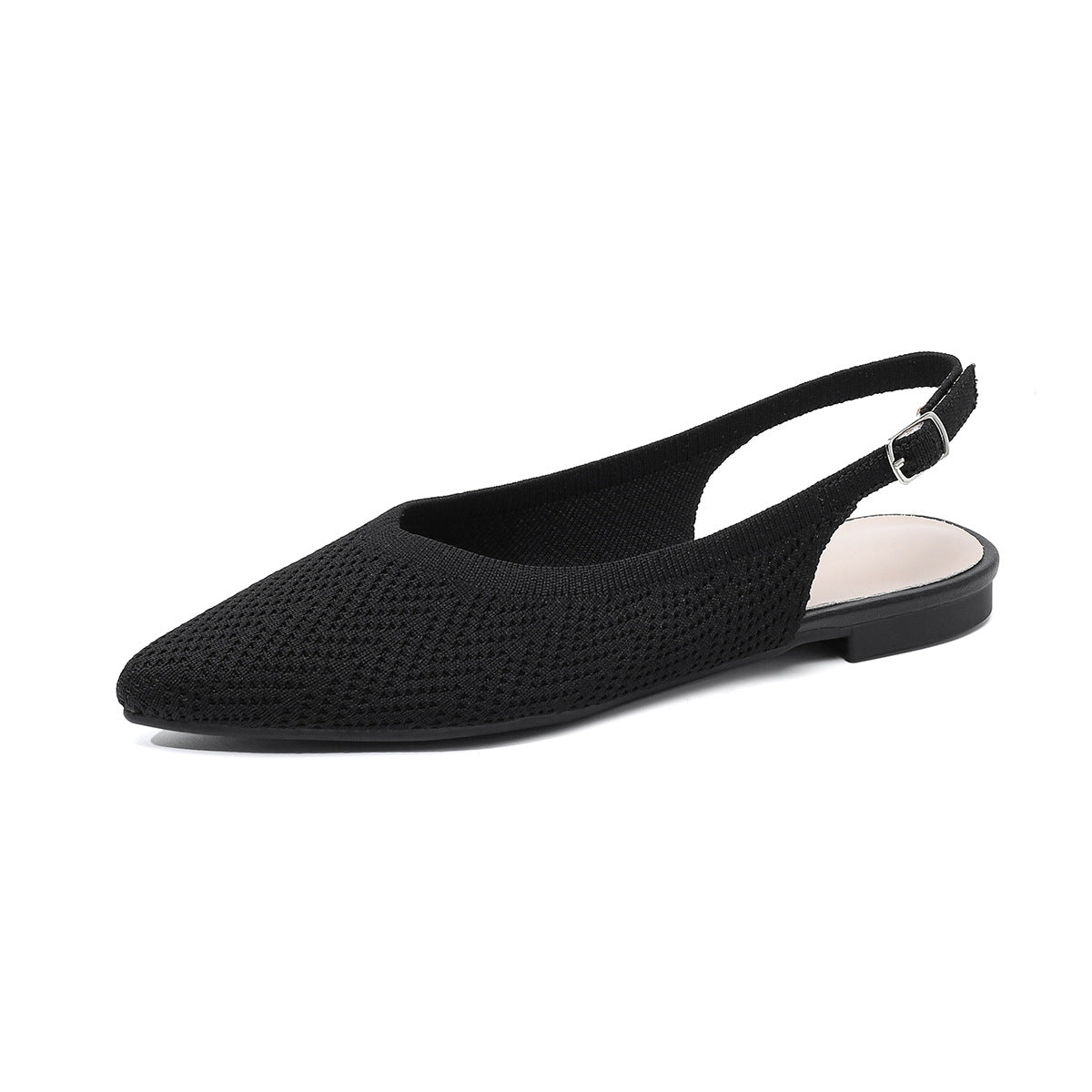 Black netted woven pointed-toe slingback flats with low thick heel and strap