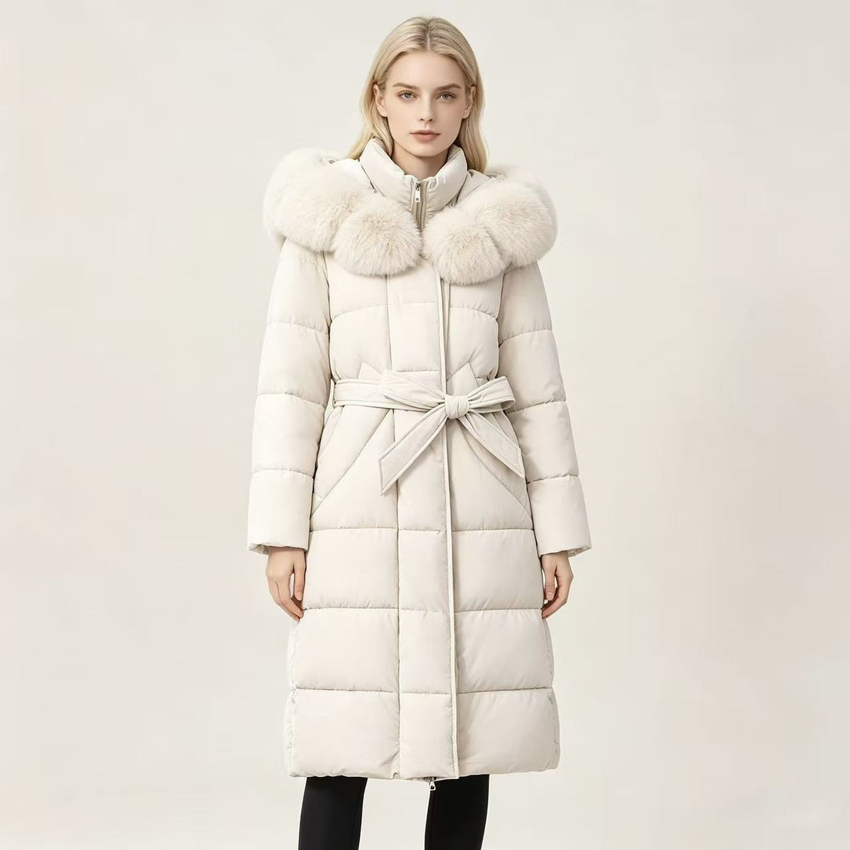 Women's hooded padded cotton coat, off-white with faux fur collar and tie belt