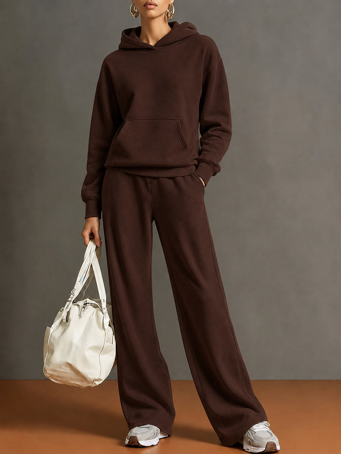 Women's hooded sweatshirt and wide-leg pants set, dark brown, loose fit.