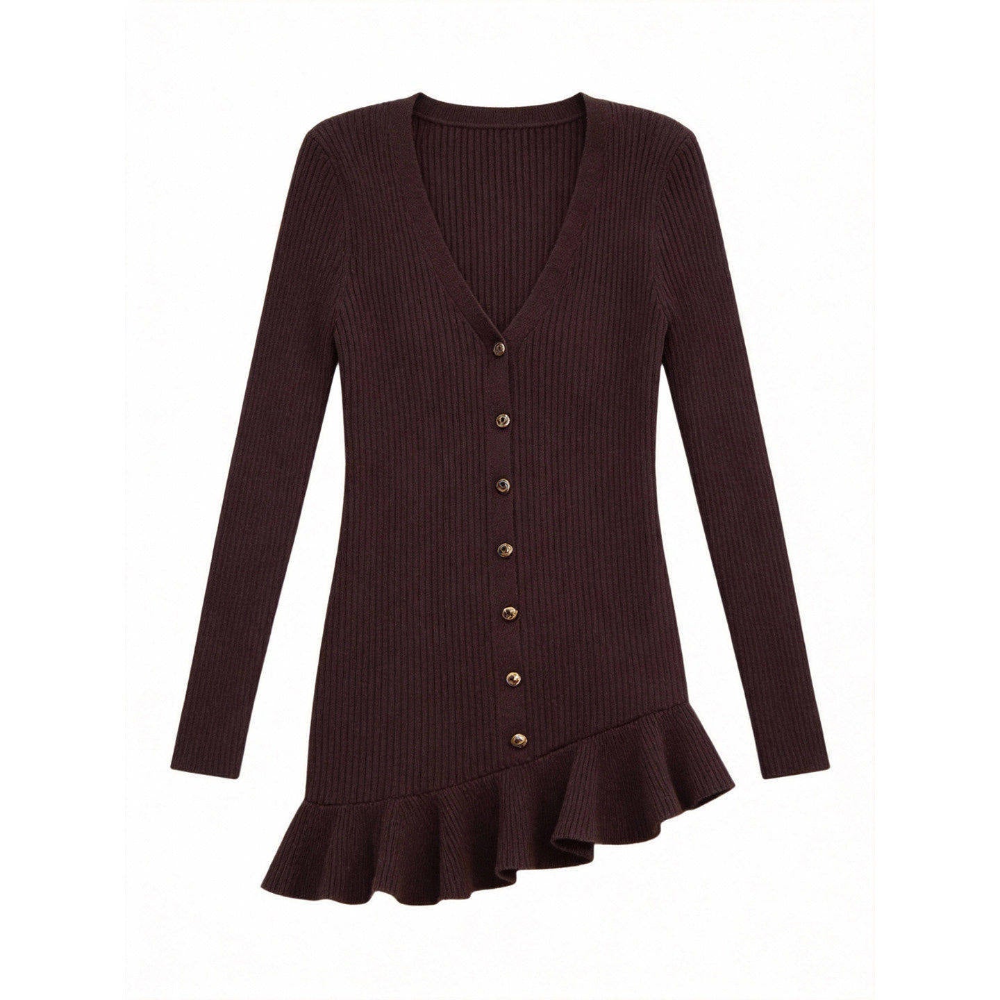 Brown ribbed knit V-neck mini dress with long sleeves, button front, ruffle hem