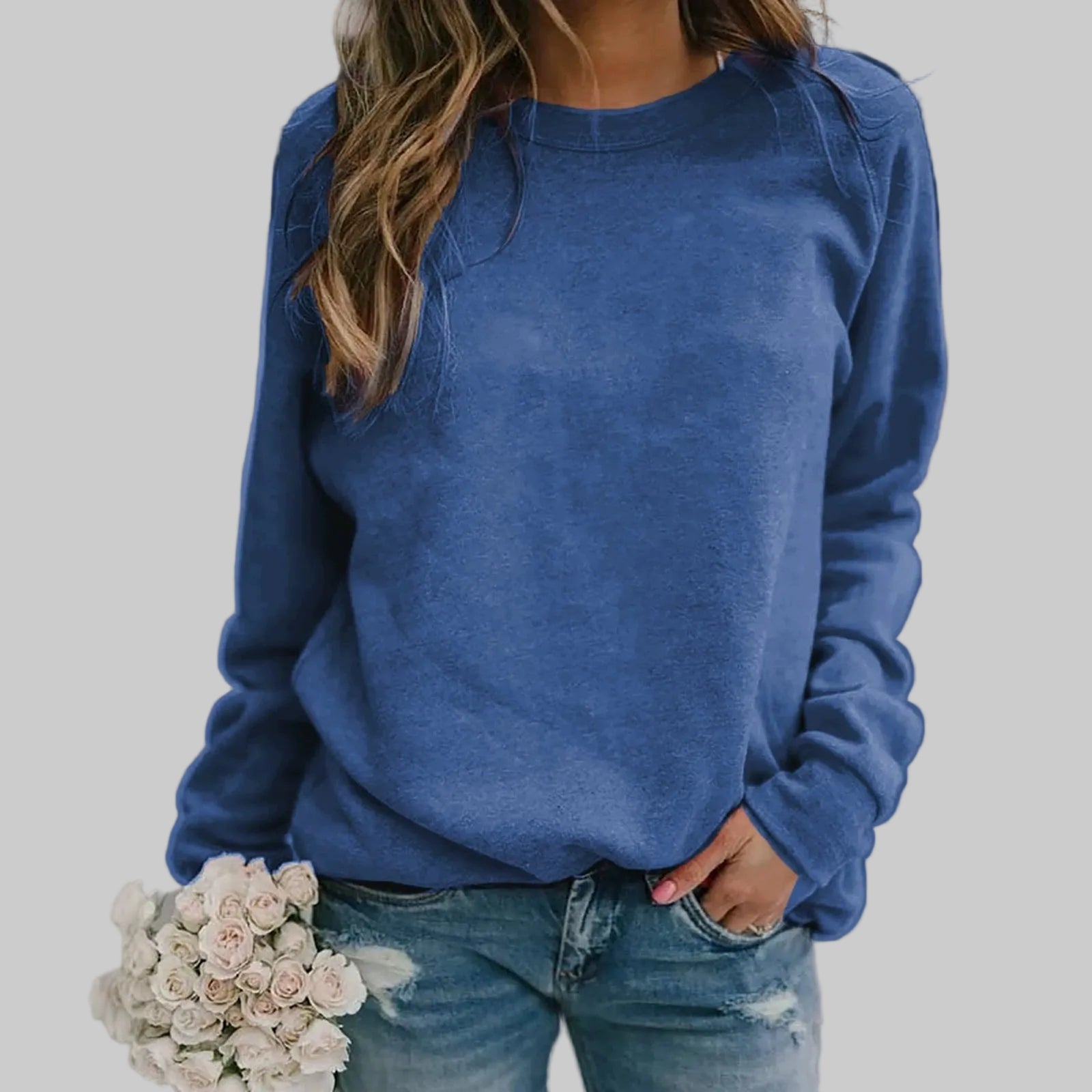 Women’s long-sleeve round-neck T-shirt top, blue, relaxed fit