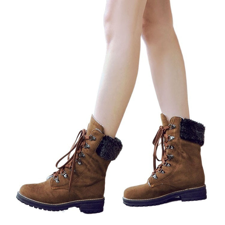 Brown suede lace-up winter boots with faux fur cuff and side lace detailing