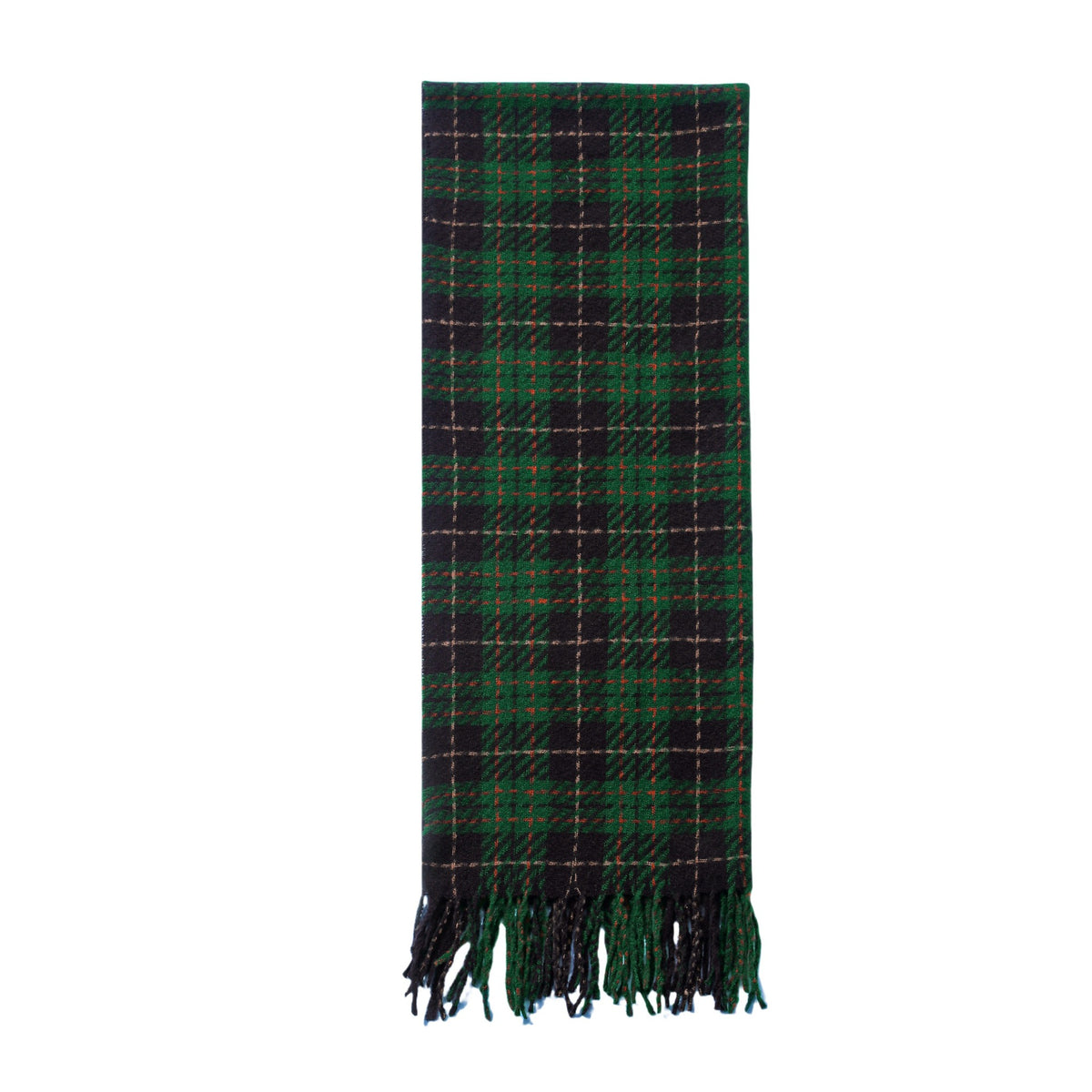 Green plaid scarf, flat view with dark fringe bottom