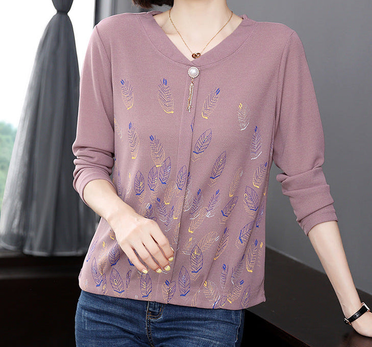 Long Sleeve Top for Women — Loose V Neck Style with Feather Print in Soft Cotton