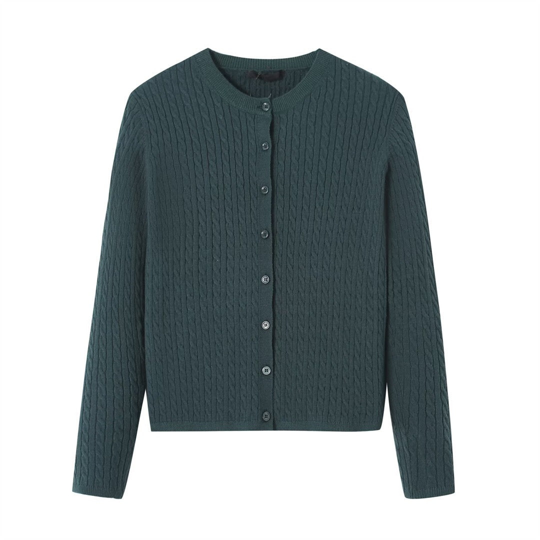 Cable Knit Cardigan for Women — Classic Crew Neck Button Front in Soft Merino Wool
