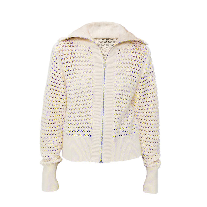 Open Knit Zip Up Cardigan for Women — Collared Eyelet Sweater Jacket in Soft Cotton
