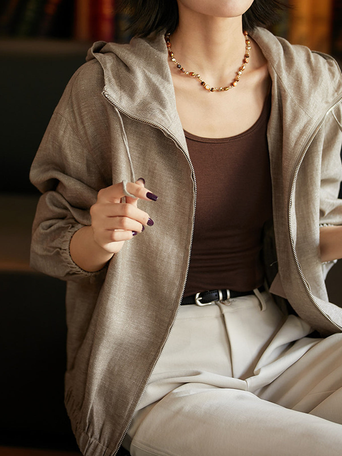 Light khaki gray zip-up hooded linen jacket with drawstring cuffs