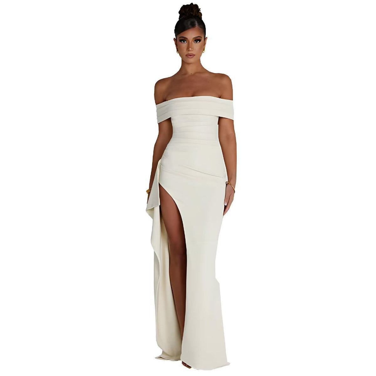 White off-shoulder ruched mermaid maxi dress with leg slit and draped sash detail