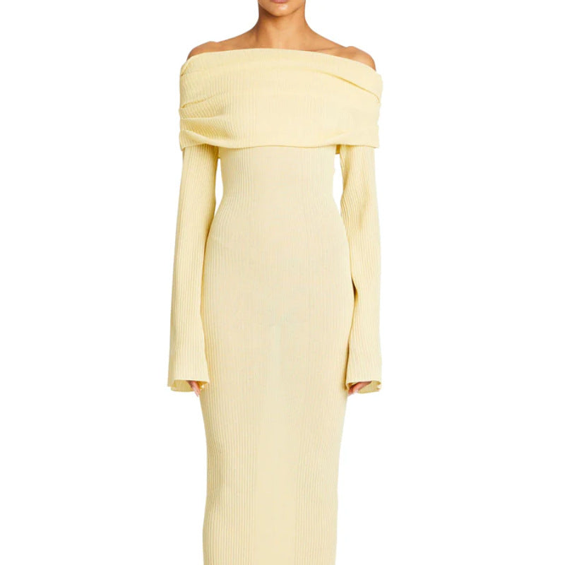 Light yellow off-shoulder long-sleeve ribbed knit dress with fitted midi skirt