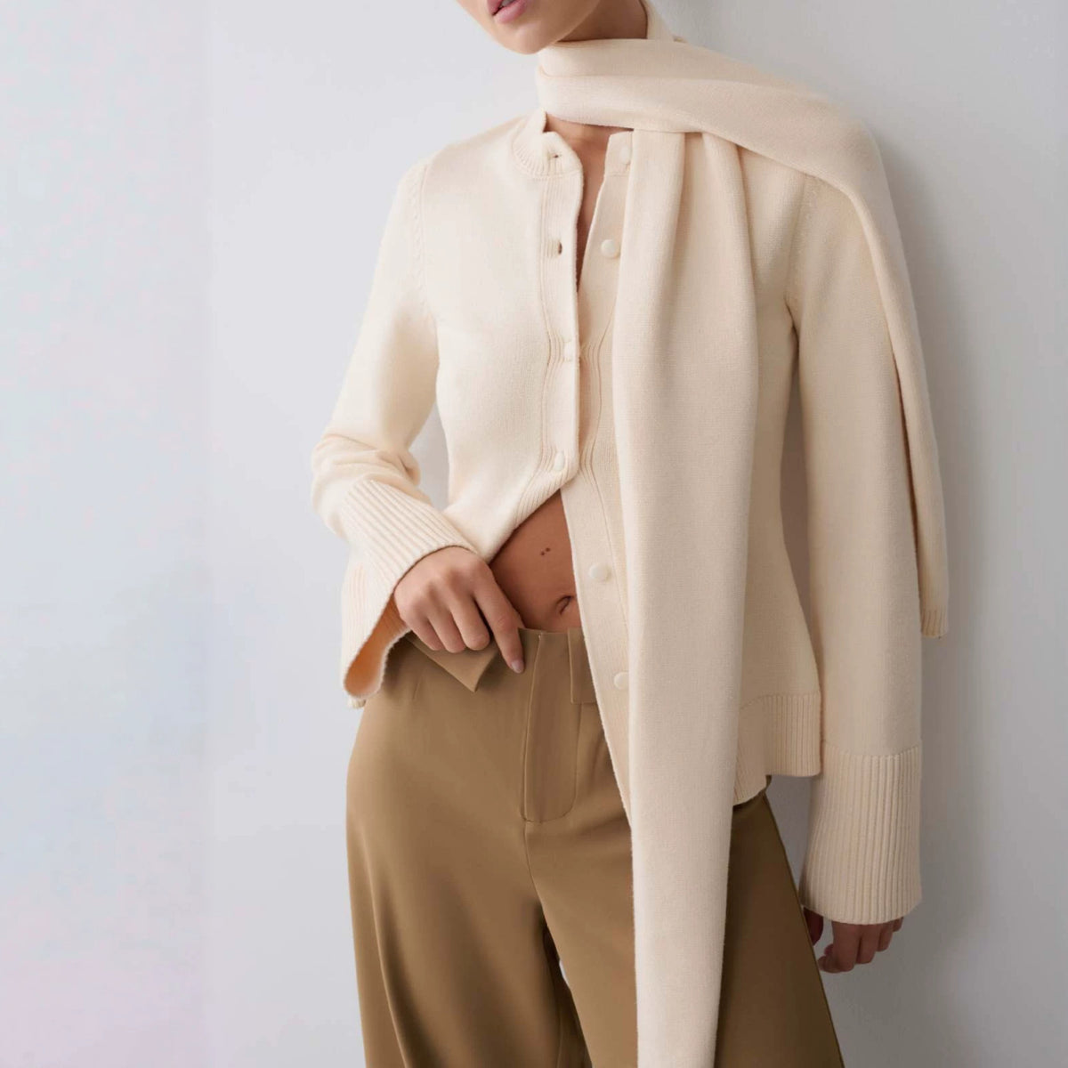 Wool Cardigan for Women — Fitted Crew Neck Button Front with a Matching Scarf