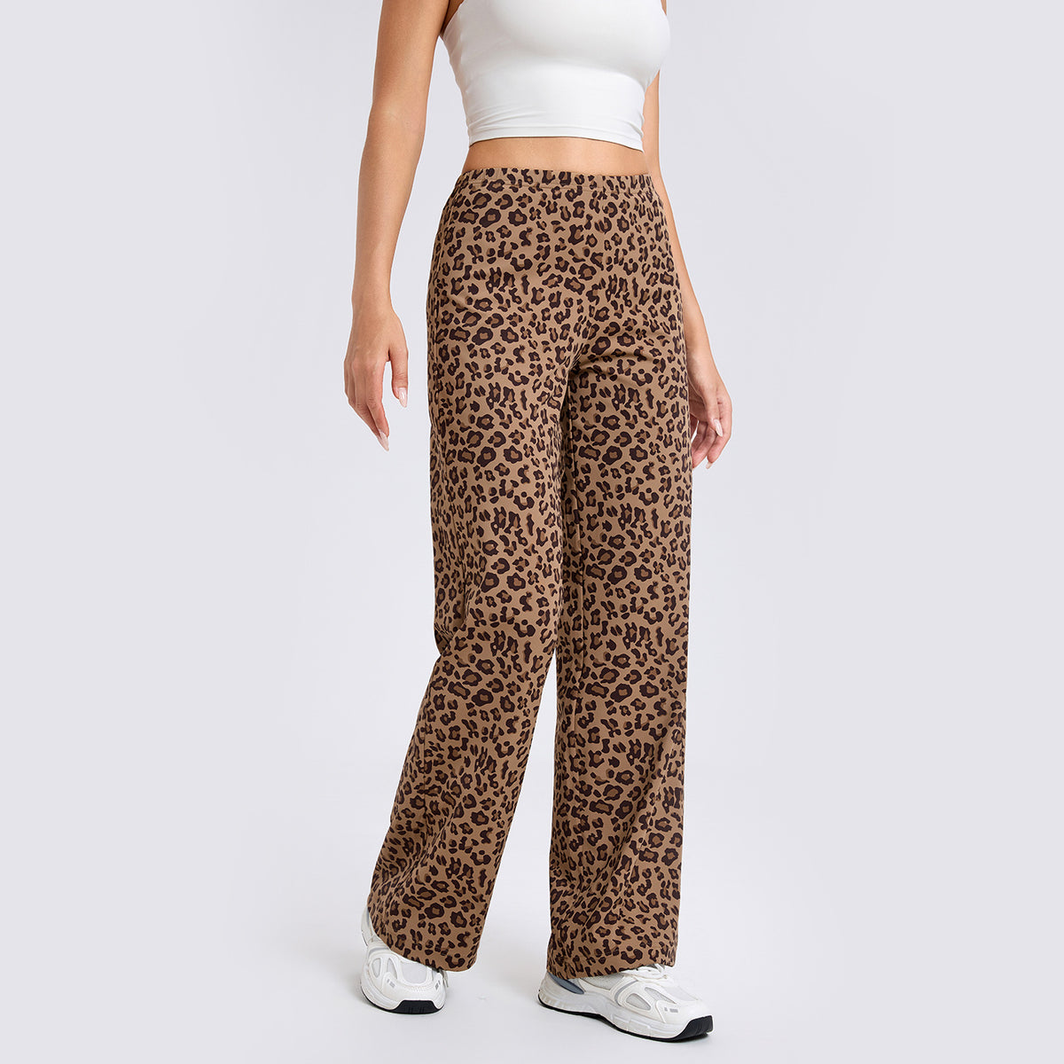 Coffee-brown leopard print straight-leg pants with high-rise elastic waist