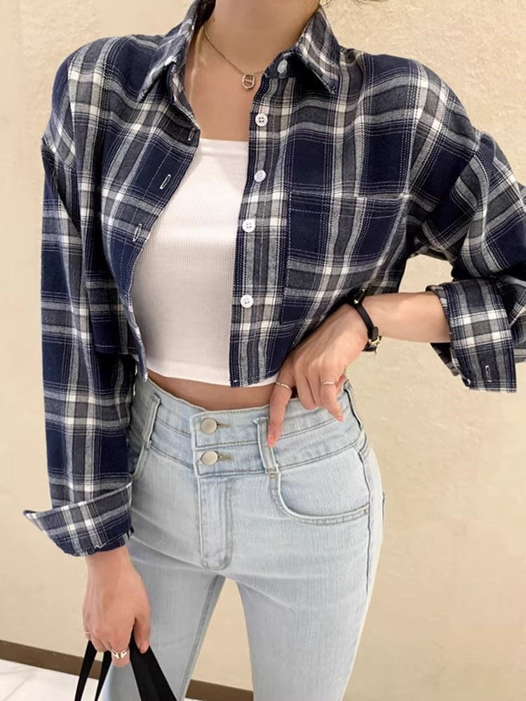 Cropped Plaid Shirt for Women — Button Front Drop Shoulder Layering Top in Cotton