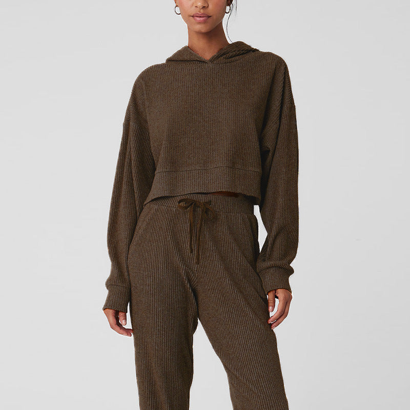 Brown corduroy hooded pullover sweater and matching jogger pants set, long sleeves