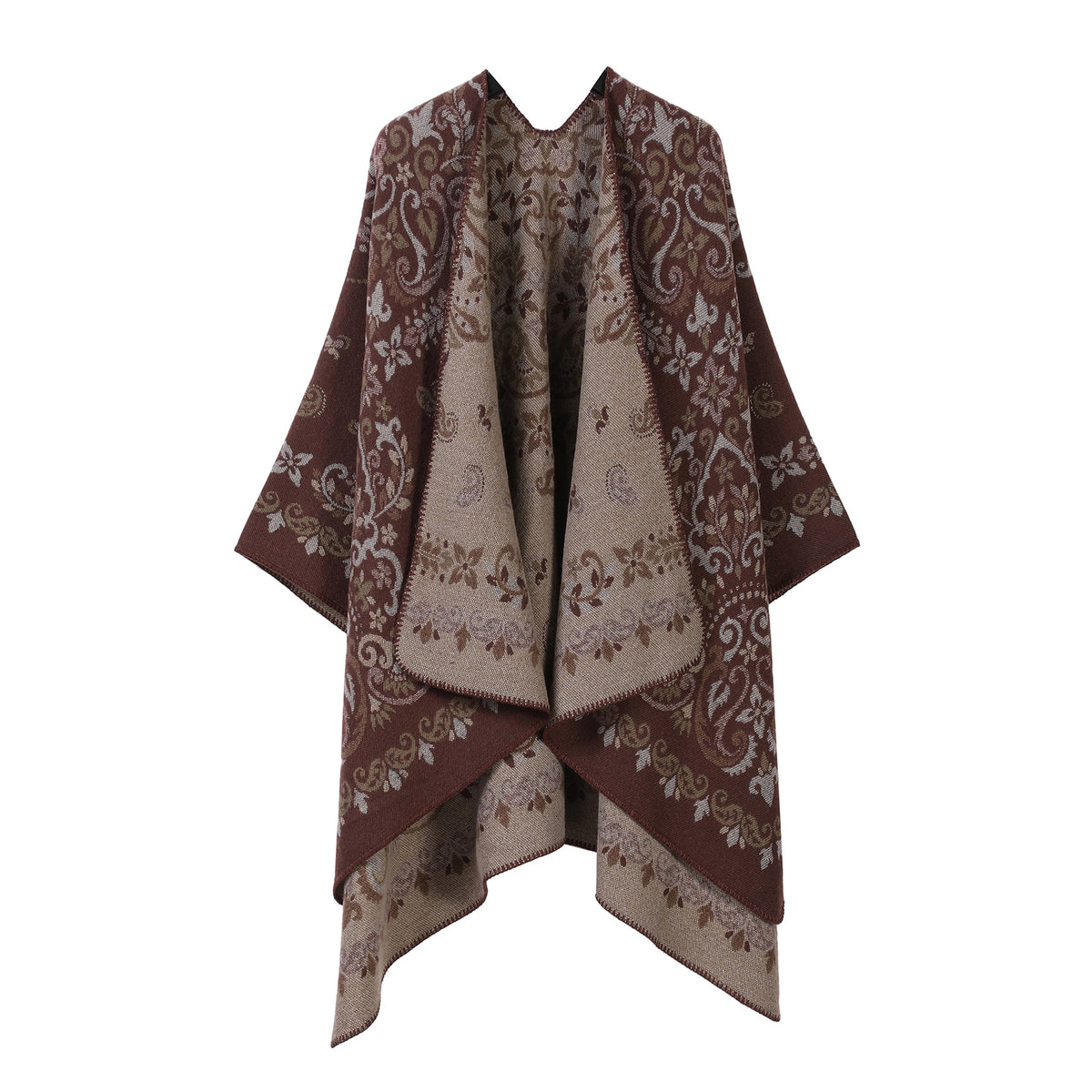 Women’s patterned split cape shawl in chocolate brown and beige with damask-style print