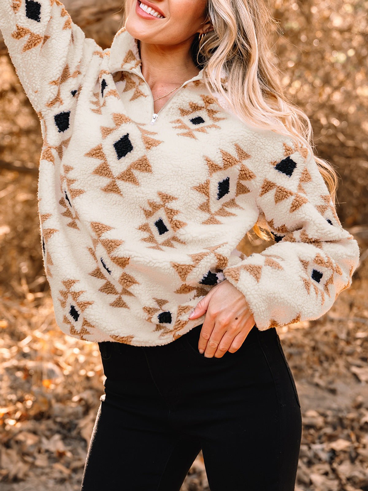 Fleece pullover sweater, beige fleece with brown Aztec motif and long sleeves