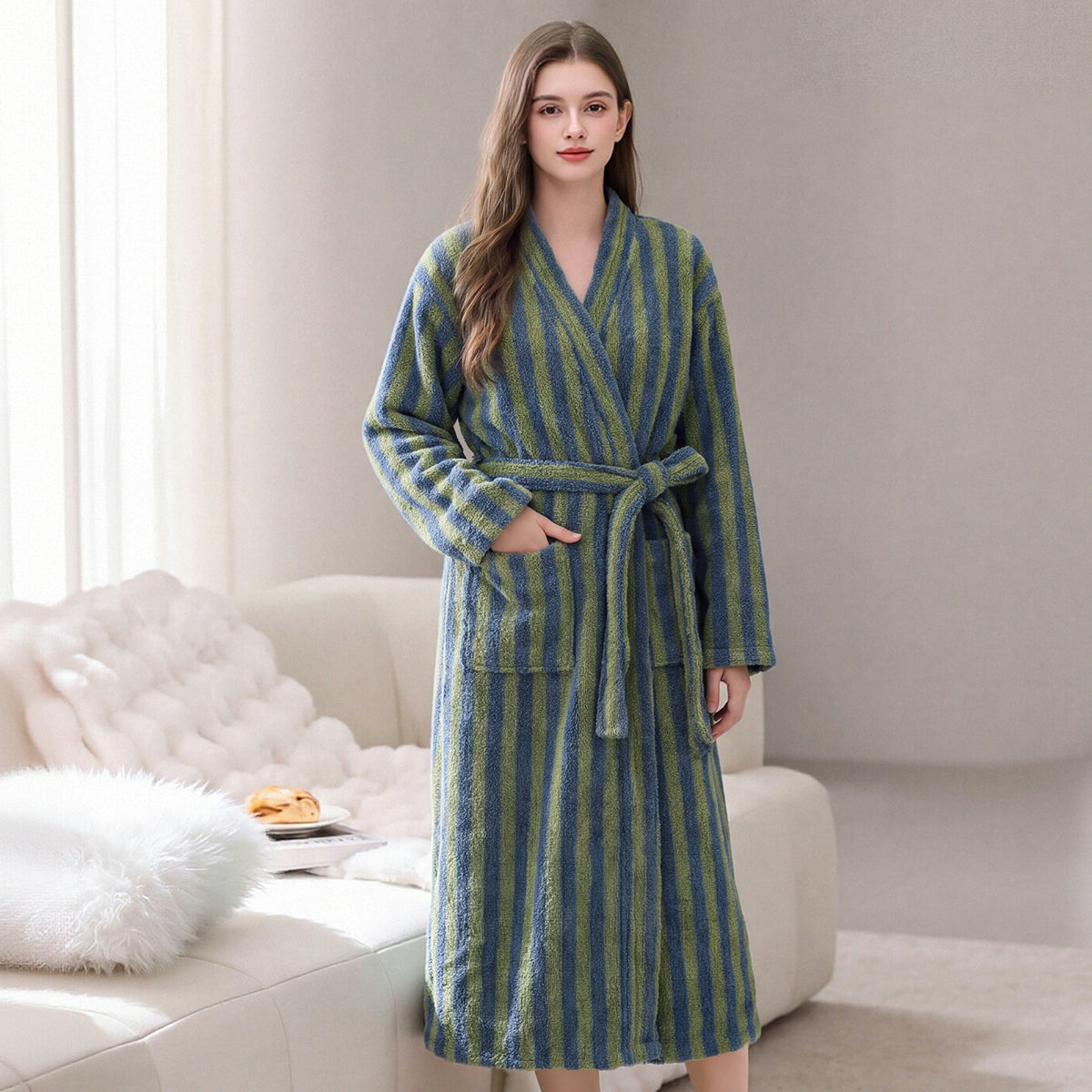 Blue and green striped fleece robe with shawl collar and tie belt, side pockets.