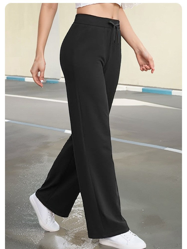 Black high-waist wide-leg flare sports pants with drawstring waistband