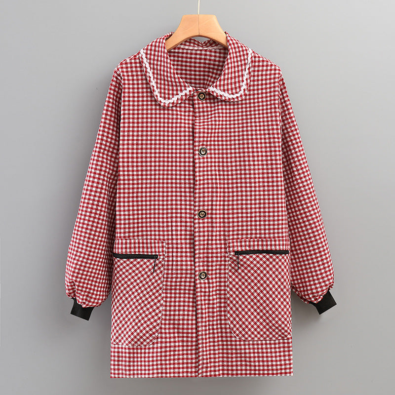 Red checkered long-sleeve smock apron with button front, two chest pockets, and cuffed sleeves
