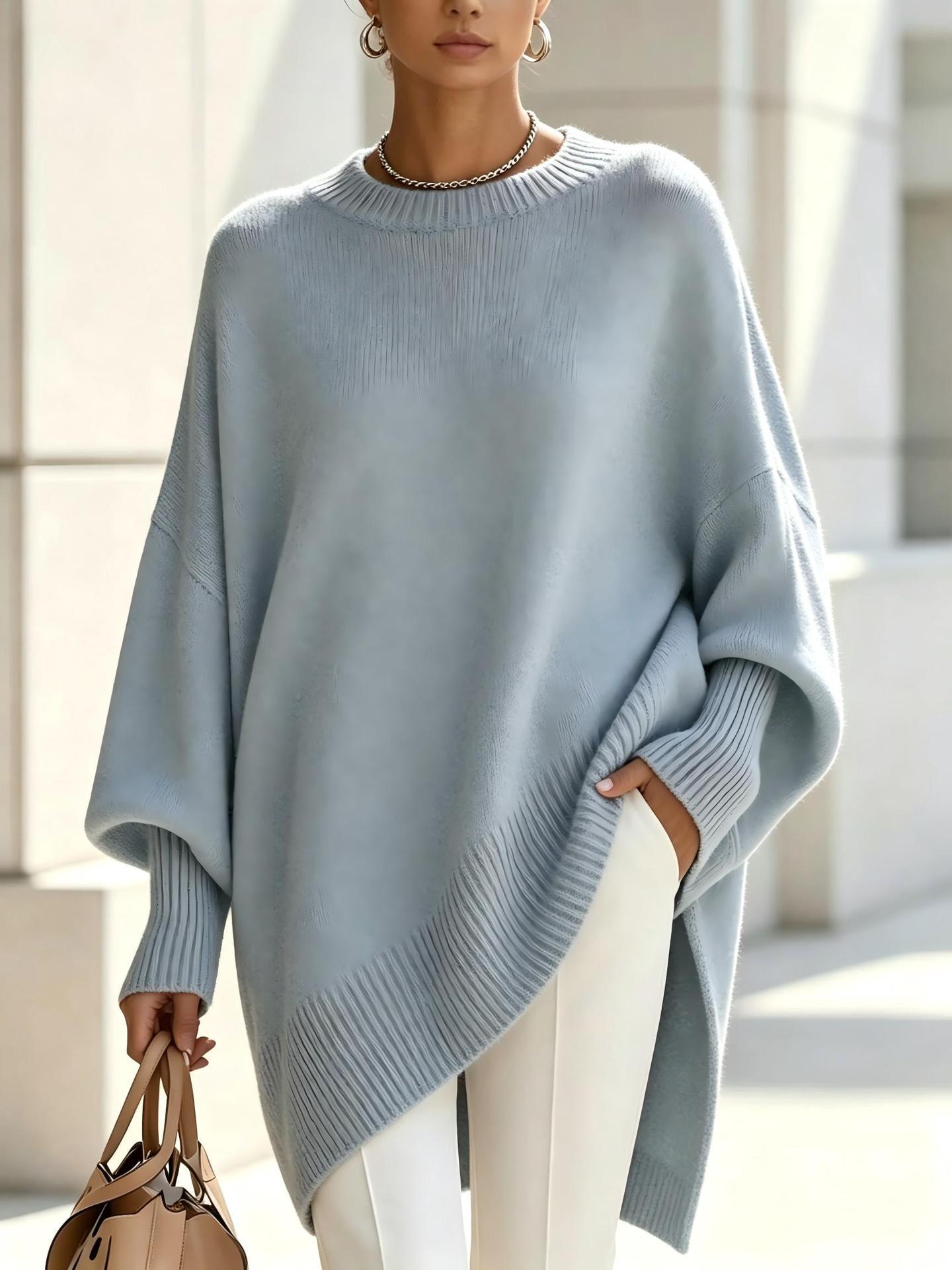 Oversized Sweater for Women — Batwing Sleeve Knit Pullover with Asymmetric Hem in Merino Wool