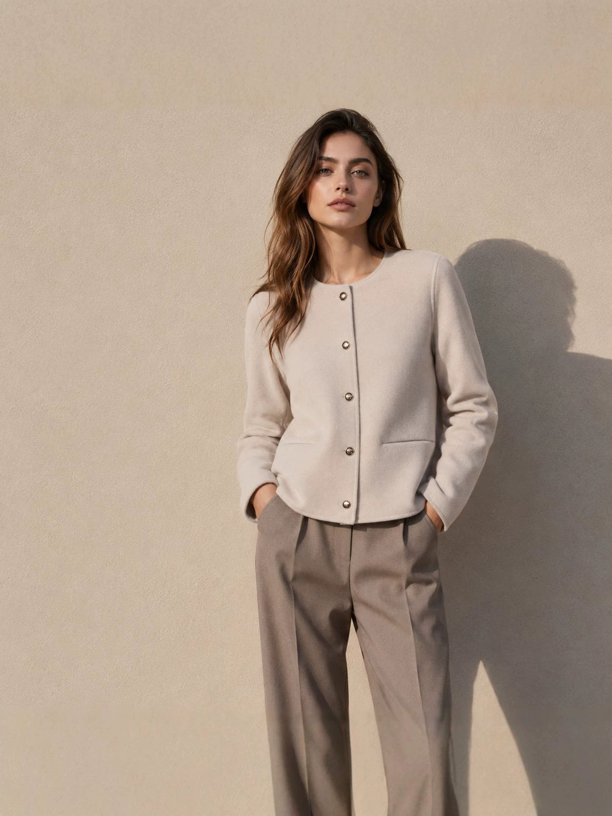 Wool Jacket for Women — Collarless Boiled Wool Style with Gold Buttons