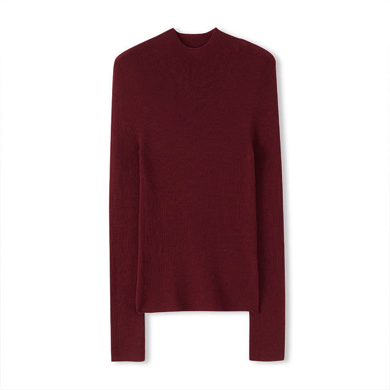 Merino wool turtleneck knit sweater, wine red, long sleeves, semi-high collar