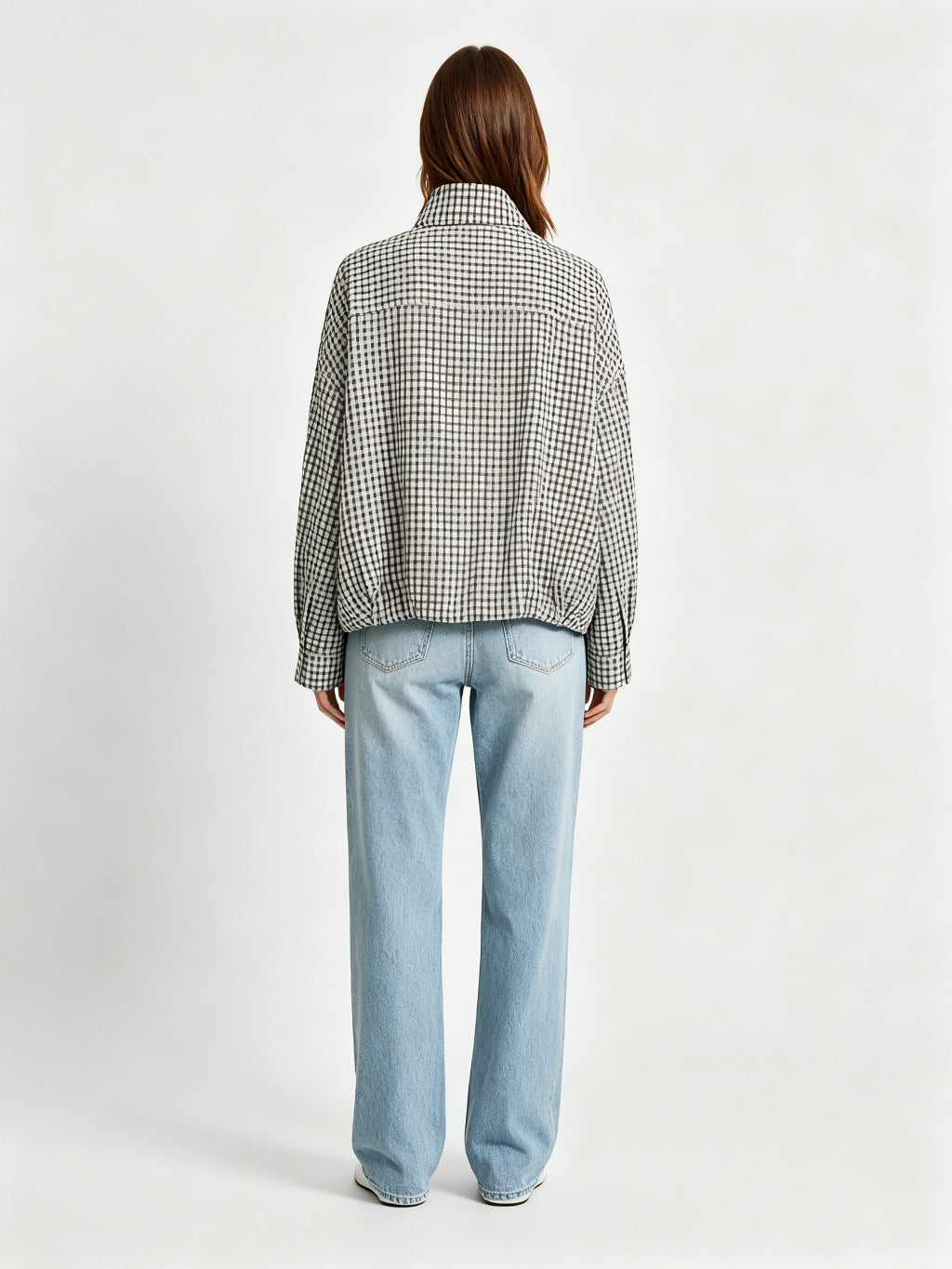 Cropped Jacket for Women — Gingham Stand Collar Bomber with Blouson Hem in Cotton