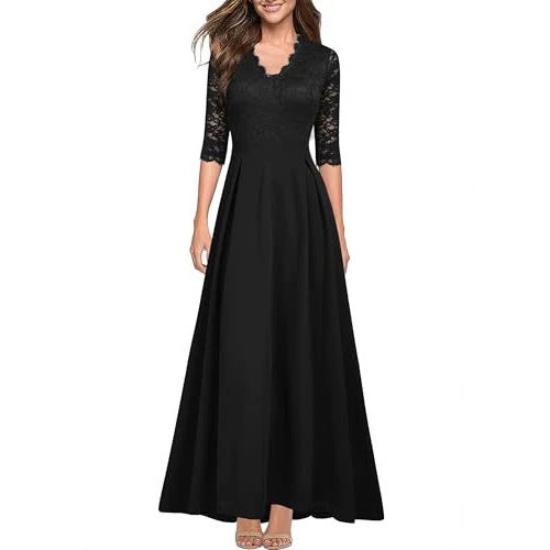 Black lace long dress with 3/4 sleeves, V-neck, fitted waist, full pleated skirt.