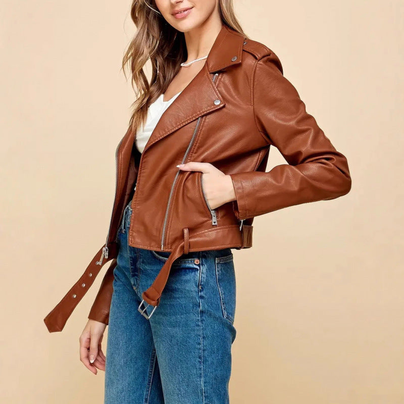 Women's short PU leather jacket in brown, zip-front biker style with snap collar