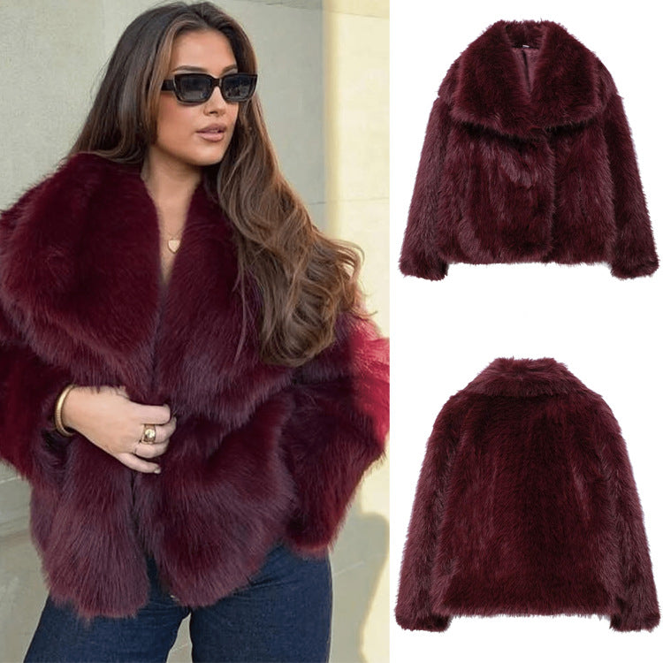 Wine red faux fur long-sleeve jacket with lapel and button-front closure