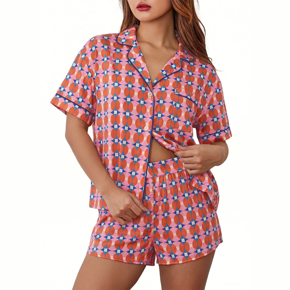 Women’s pajama set, orange blue geometric print short-sleeve button cardigan
