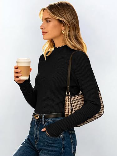 Mock Neck Top for Women — Fitted Ribbed Long Sleeve Knit with Lettuce Trim in Viscose