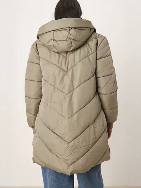 Beige long puffer down jacket with hood and quilted back panel, full zipper.