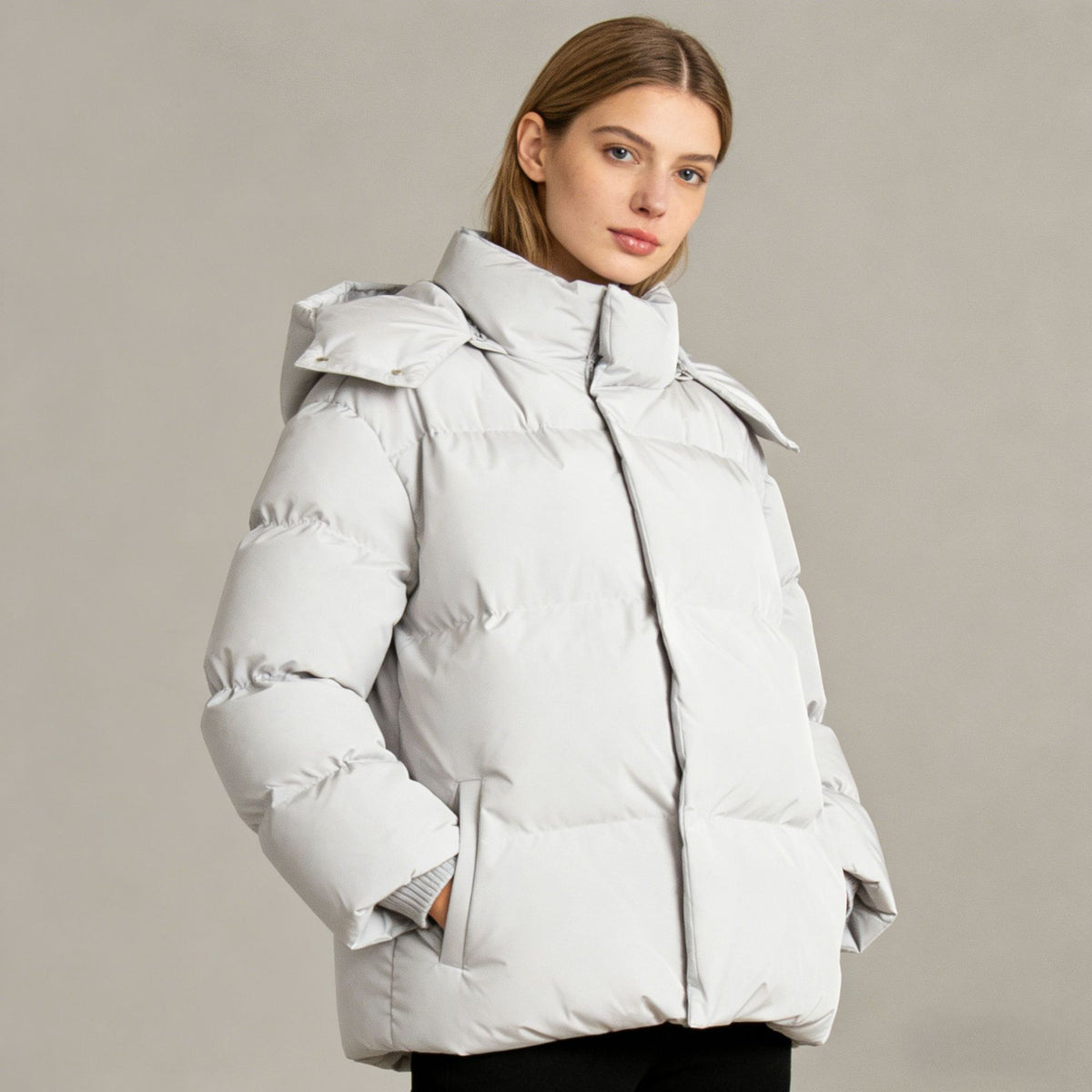 Women’s hooded puffer cotton jacket, quilted off-white with full-length zipper