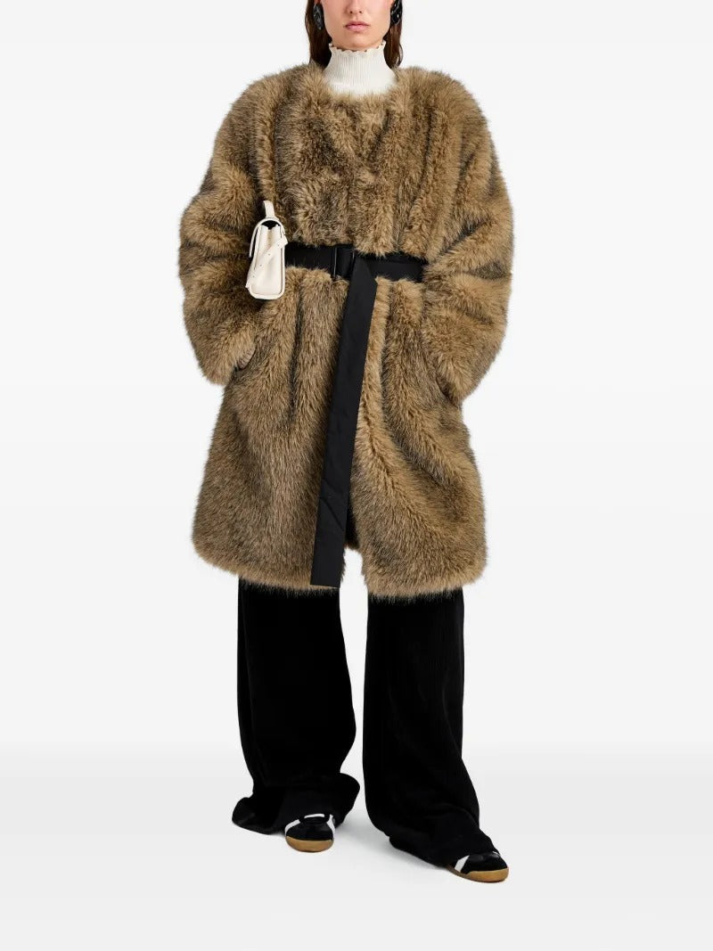 Brown faux fur long coat with round neck and black waist belt tie, loose belt ends