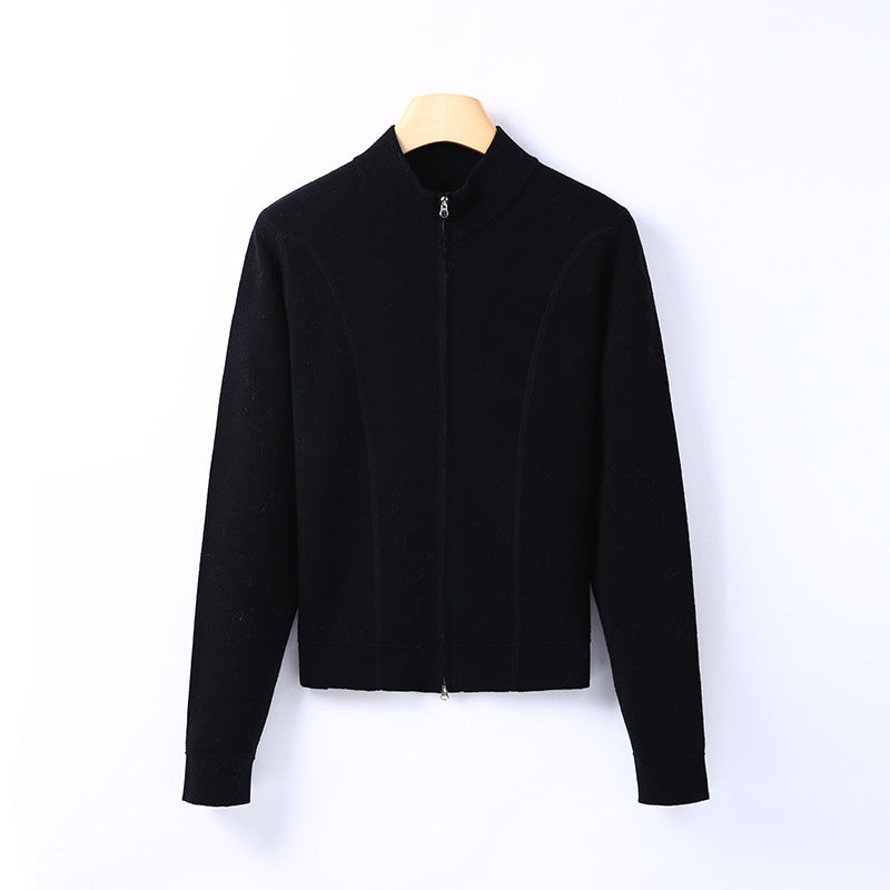 Women’s black knit cardigan with stand-up collar and front zipper