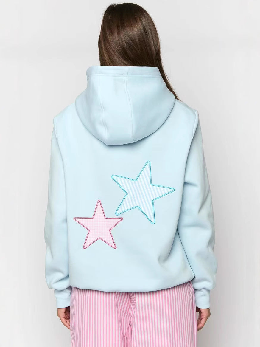 Star Patch Hoodie for Women — Oversized Pullover with Kangaroo Pocket in Cotton Fleece